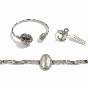 3Pc Set Of Travel Themed Jewelry Silver Plated CZ Rhinestone Bracelet Ring